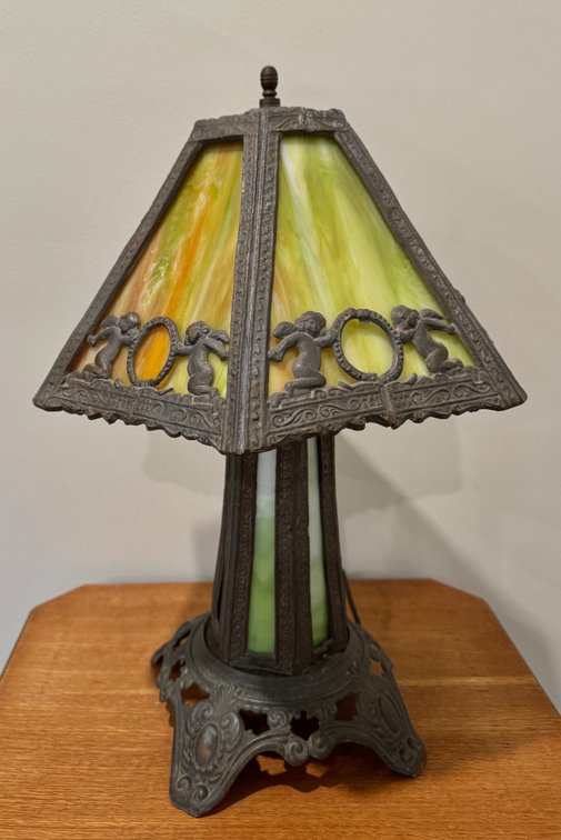 70's slag glass table lamp