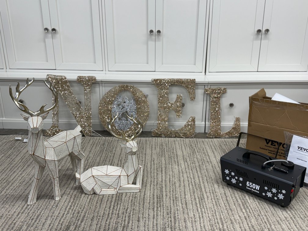 snow maker, NOEL sign, reindeer