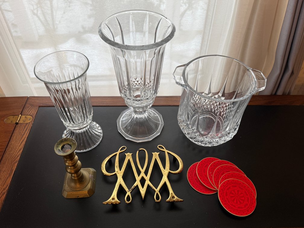 Crystal ice bucket, candlesticks