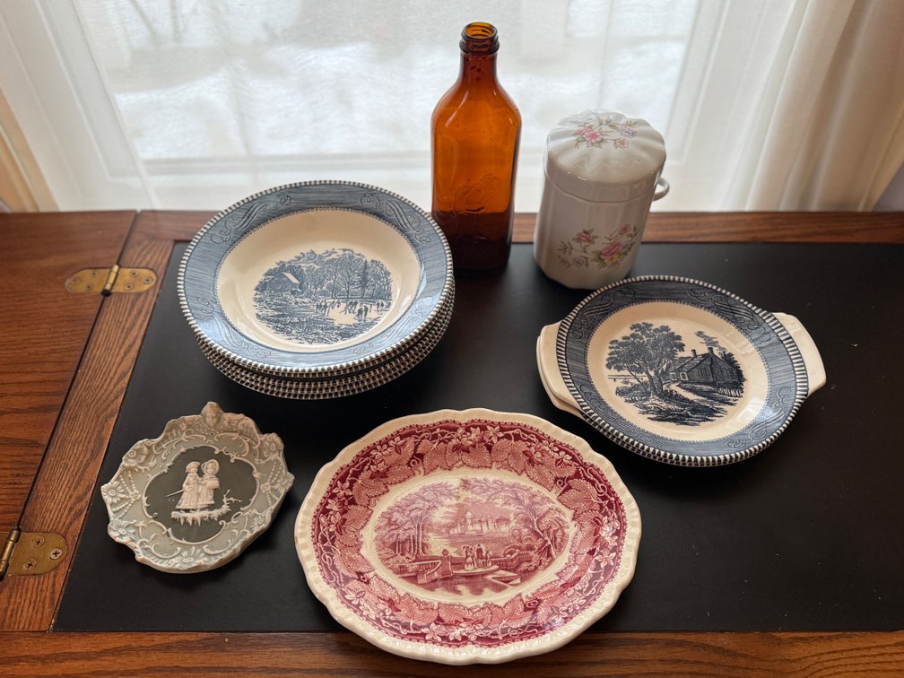 Currier & Ives, transfer ware & man with fish