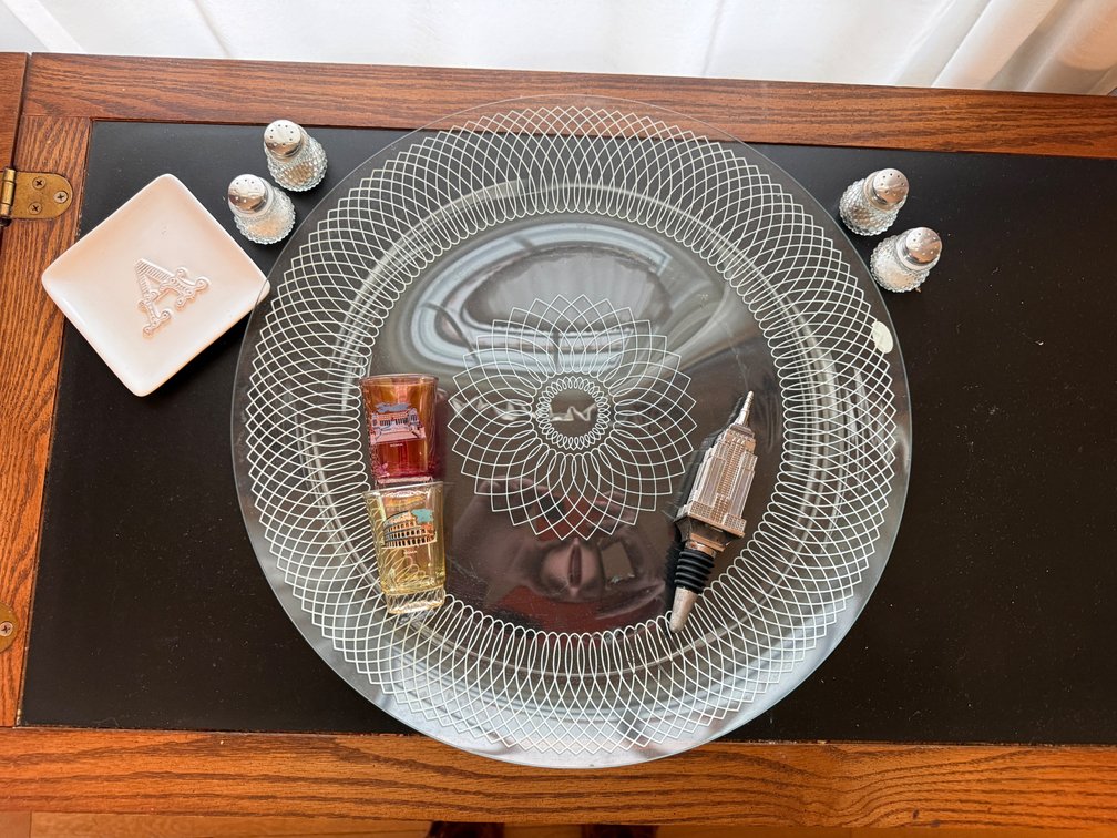 Salt and pepper, plate, shot glasses, wine stopper
