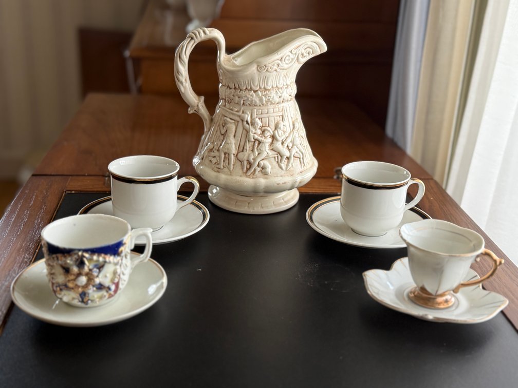 Vintage cups, saucers, & pitcher