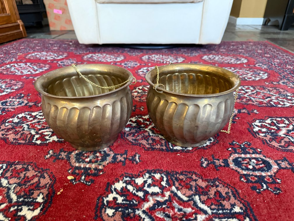 2 vintage hanging brass planters