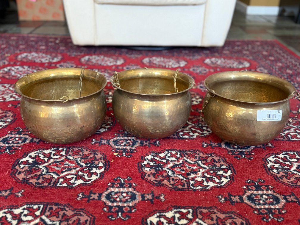 3 vintage hanging brass planters