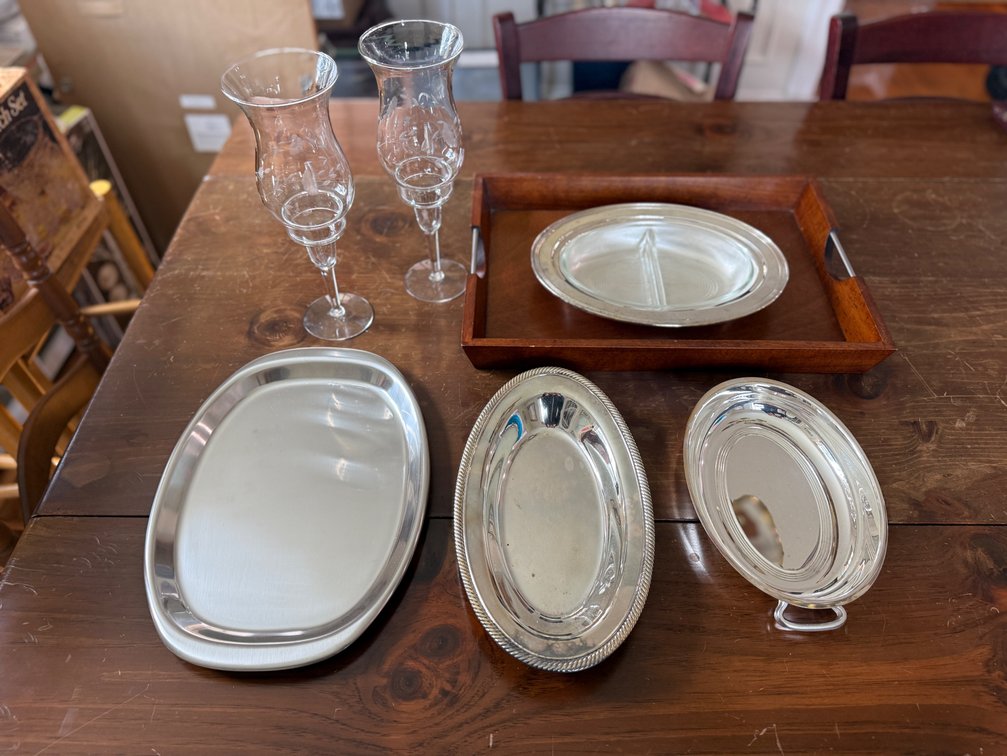Silverplate, tray, & glass