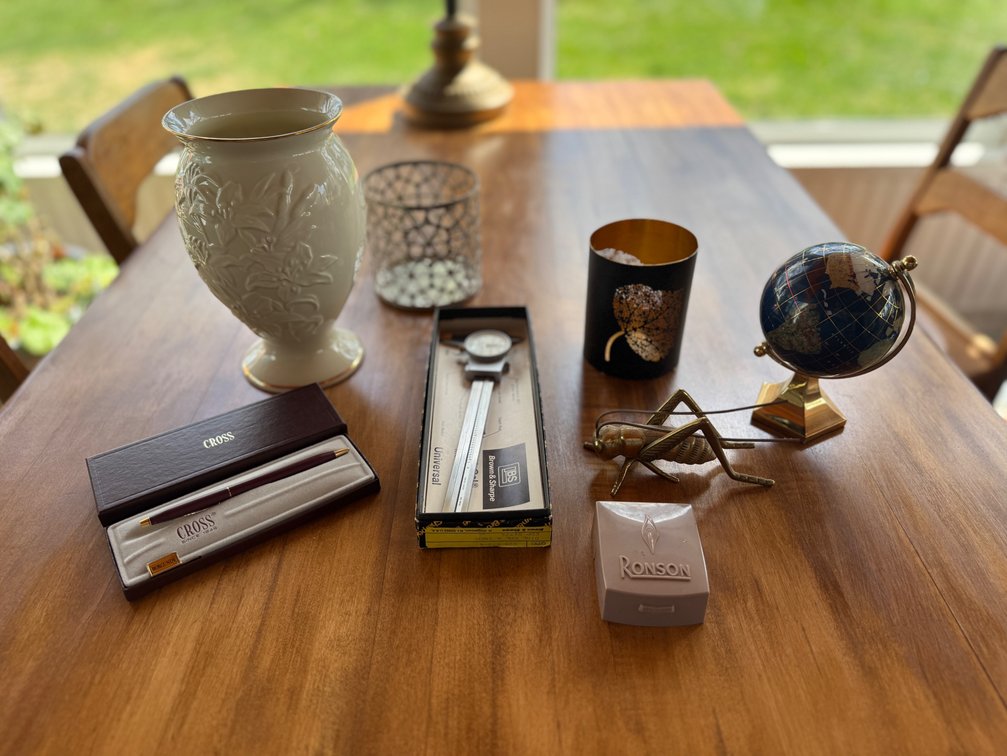 Vase, grasshopper, lighter, calipers