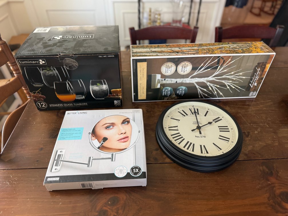 Mirror, Pottery Barn clock, tumblers & tree