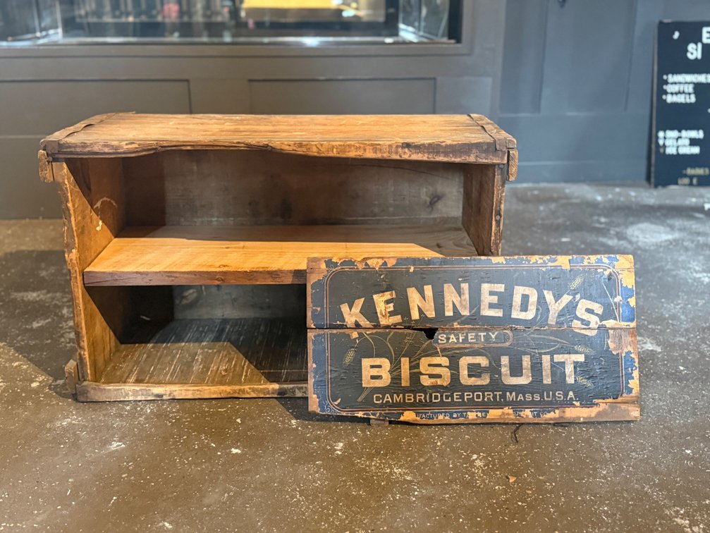 Antique crate shelf and wooden sign
