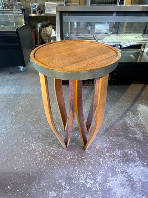 Artisan made 33" wine barrel table
