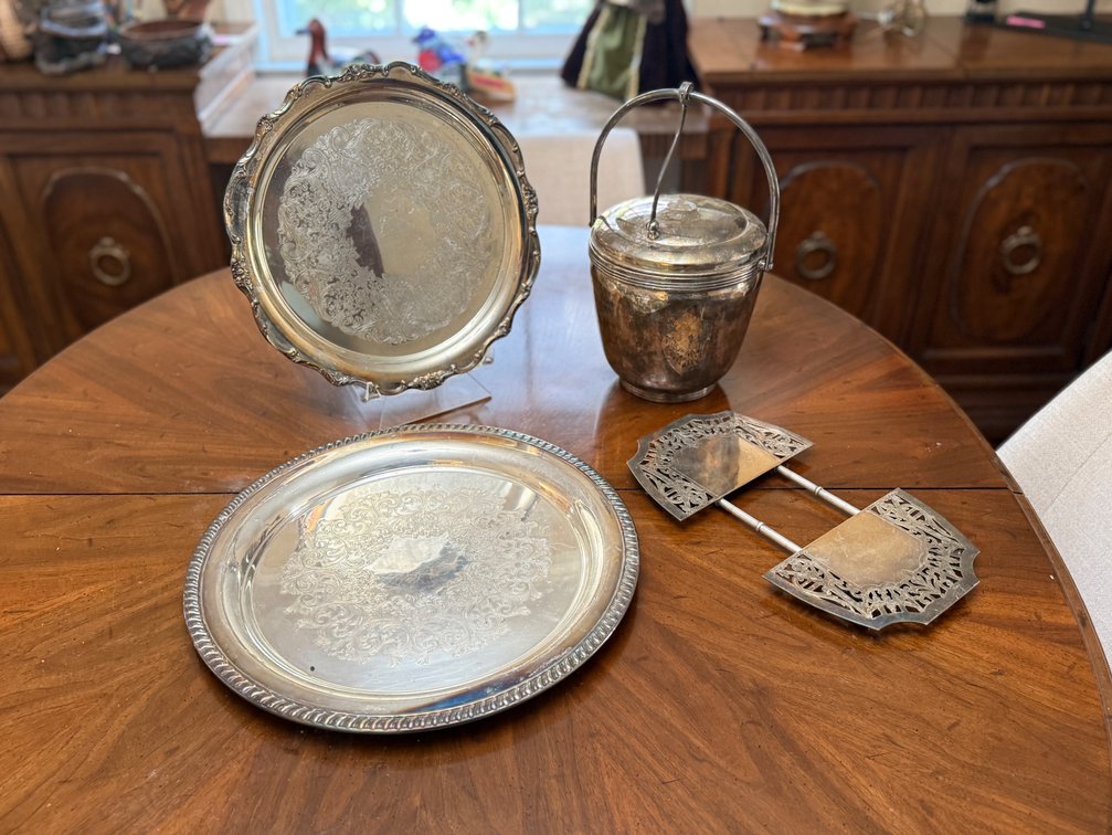 Silver plates, trays, ice bucket & trivet