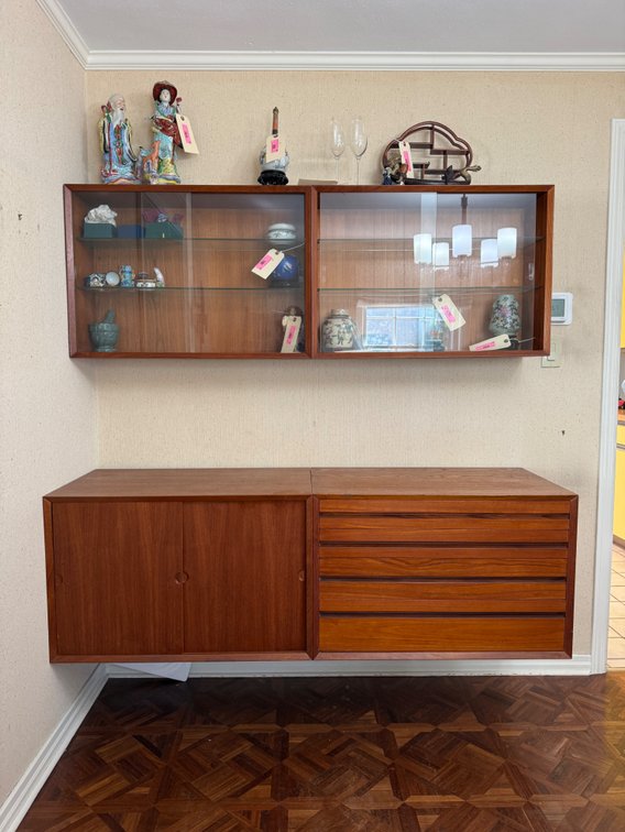MCM Teak wall mounted sideboard and hutch.