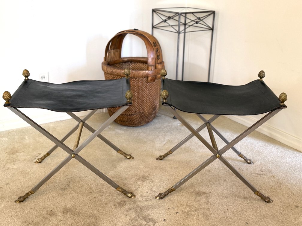MCM leather and metal stools.