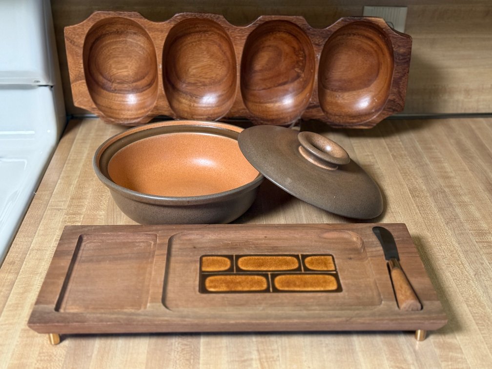 MCM teak, monkey pod, and ceramic