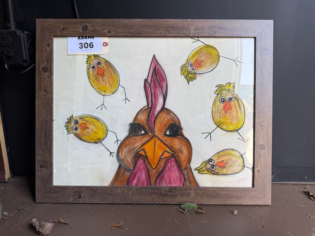 Framed rooster drawing