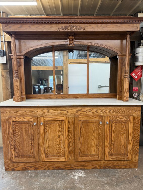 Solid oak backbar unit with marble top