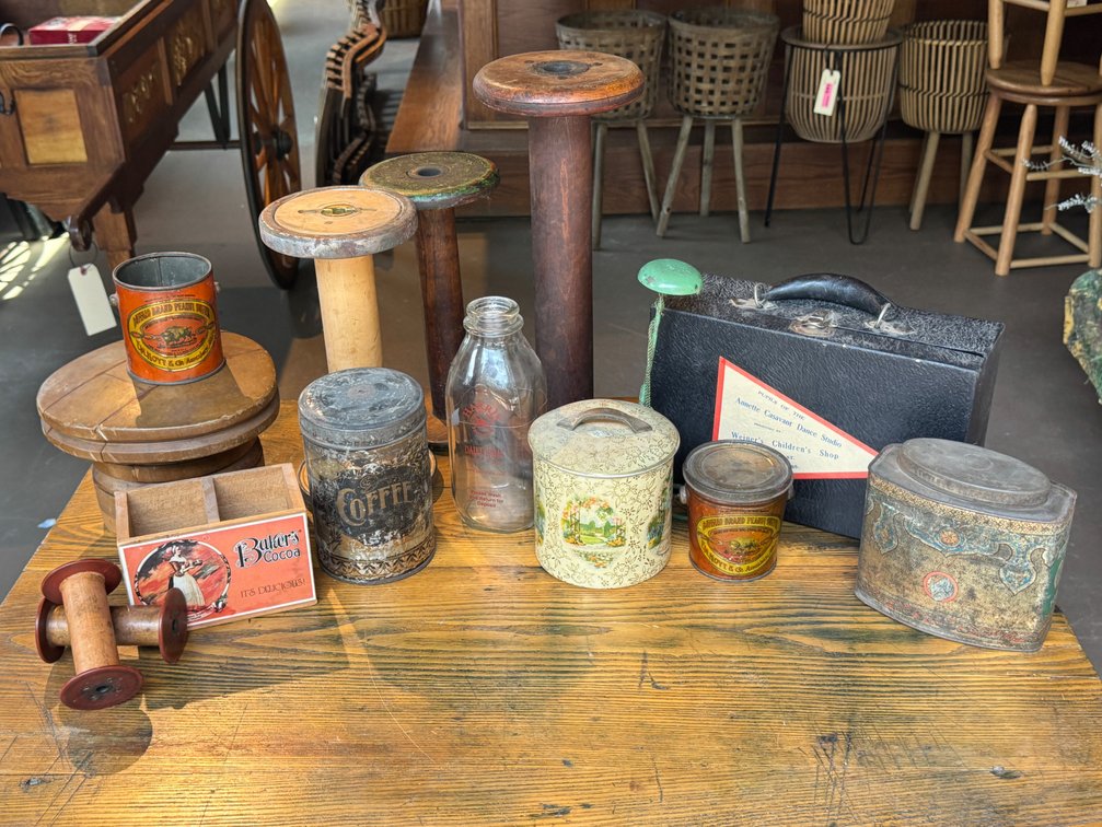 Antique Tins, Spools & Milk Bottle