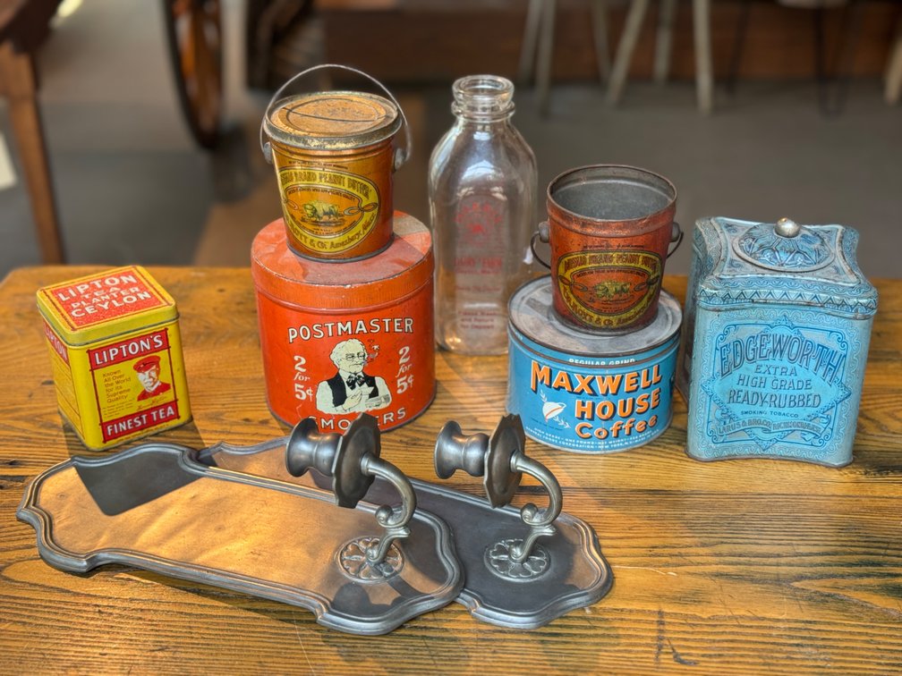 Antique Tins, Milk Bottle & Sconces