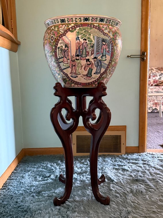Mid-Century Famille Rose Planter & Stand