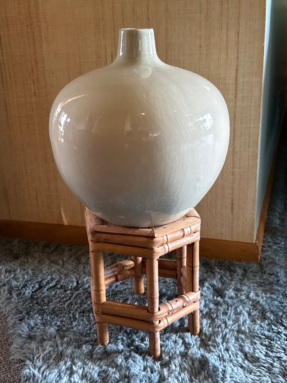 Light Green Ceramic Vase on Bamboo Stand