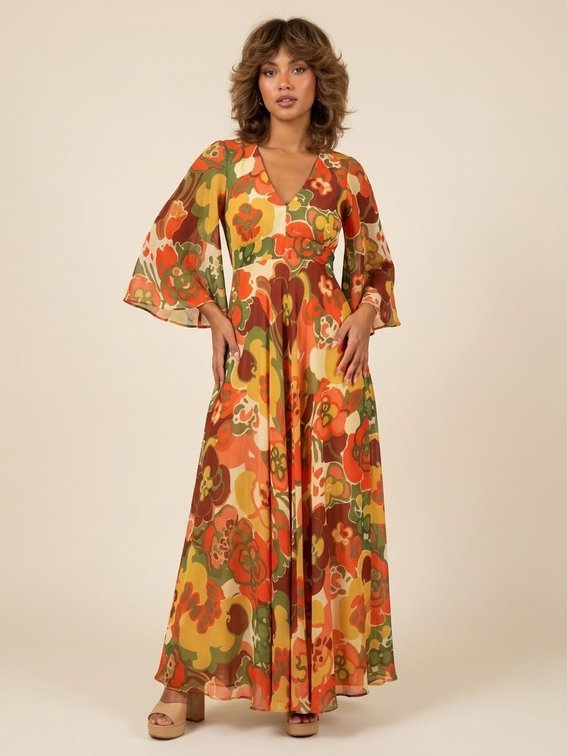 Vintage 1970s Silk Floral Maxi Dress