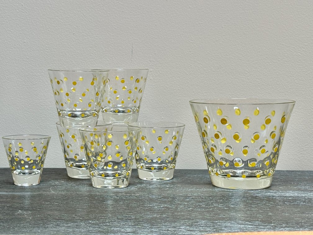 7-Piece MCM Yellow Polka Dot Glass Barware Set