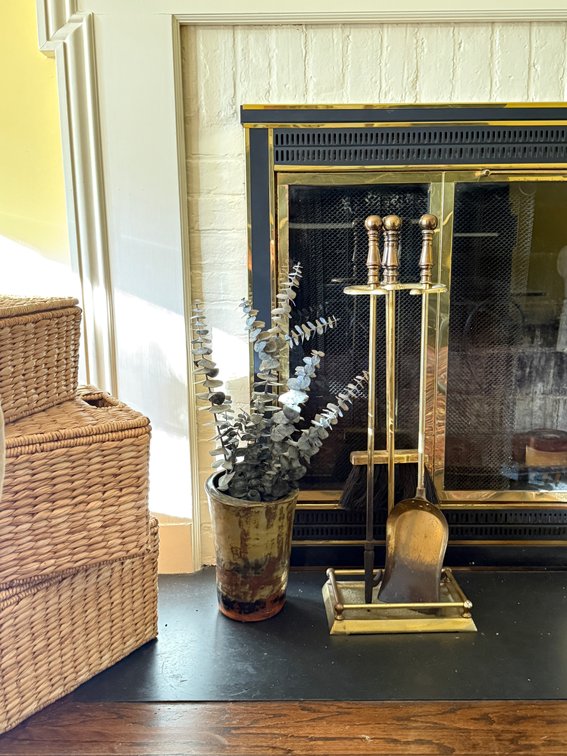 Brass Fireplace Tool Set & Studio Pottery Vase