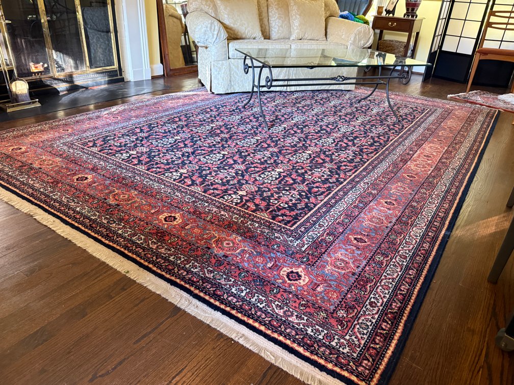 Woven Wool Area Rug and Damask Loveseat