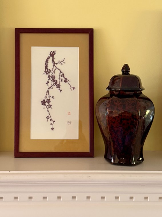 Ceramic Ginger Jar and Framed Botanical Art