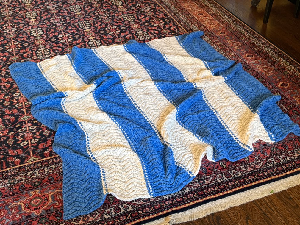 Handmade Blue and Cream Striped Afghan Throw