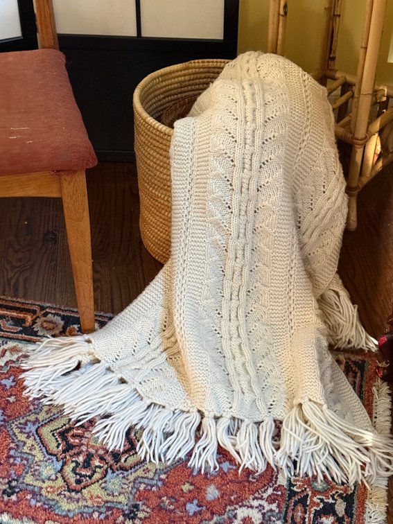 Cream Cable-Knit Throw Blanket & Woven Basket