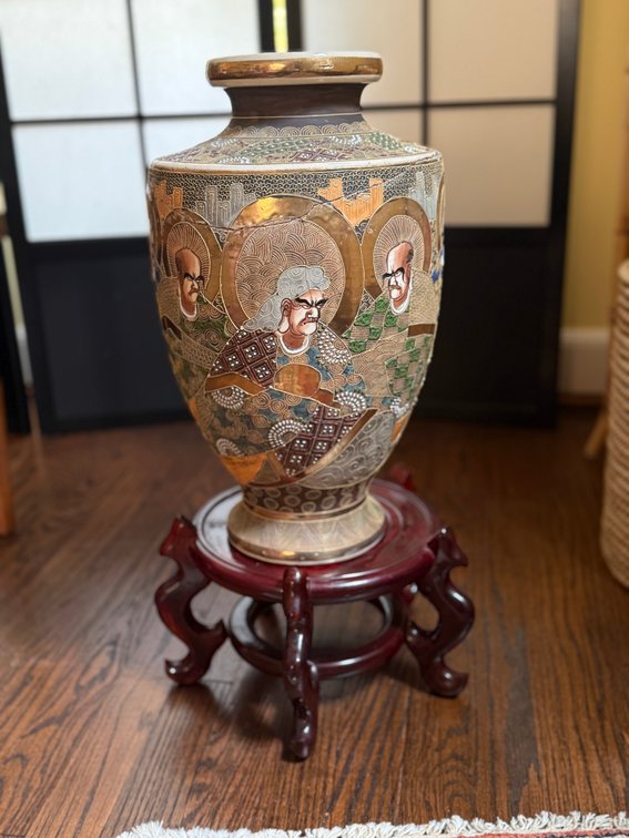 Satsuma-Style Moriage Vase with Carved Stand
