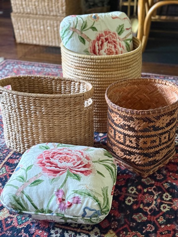 Woven Baskets and Floral Cushions, Set of 5