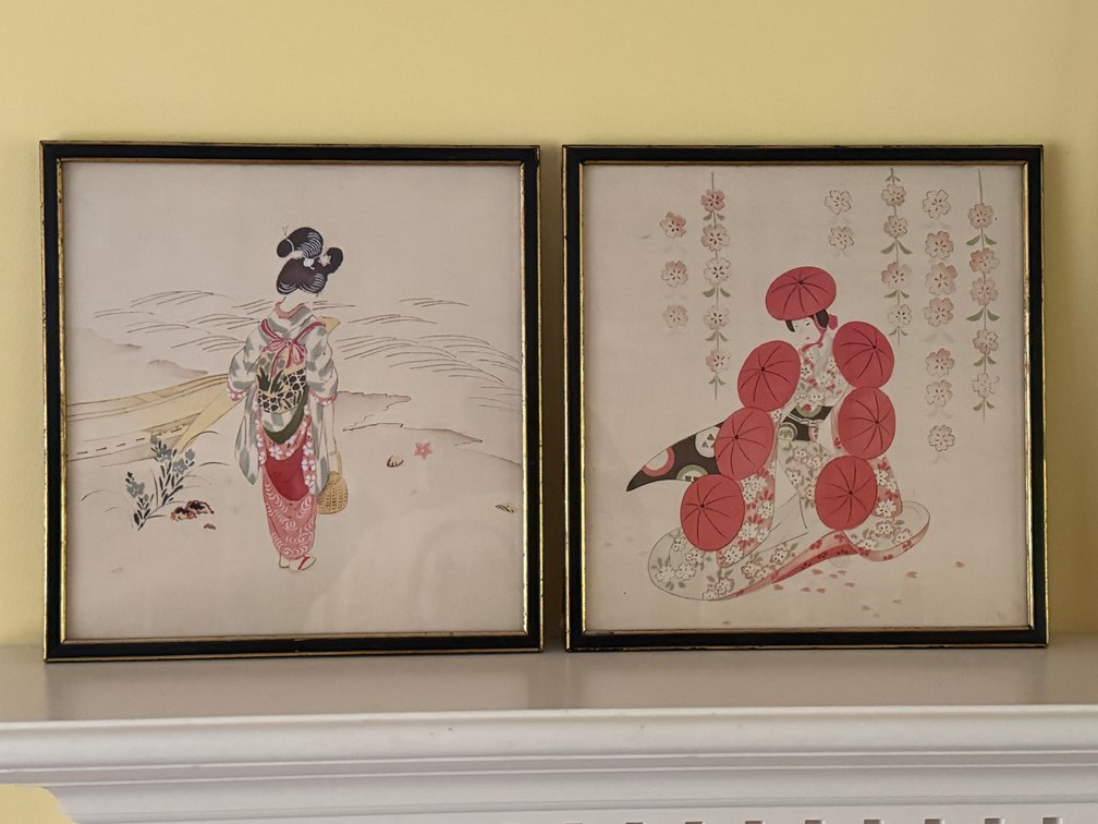 Pair of Antique Japanese Silk Paintings