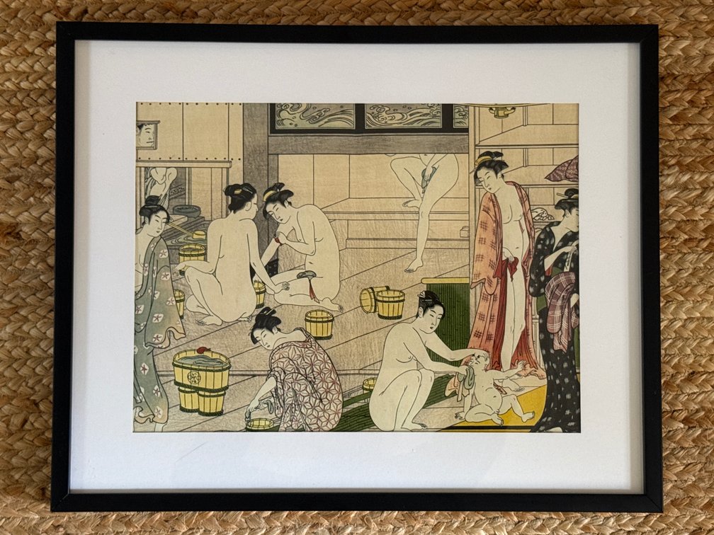 Framed Japanese Bathhouse Woodblock Print