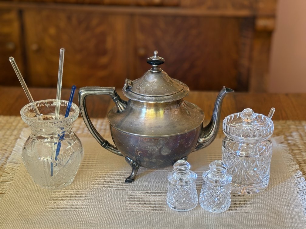 Metal Coffee Pot and Cut Crystal Service Ware