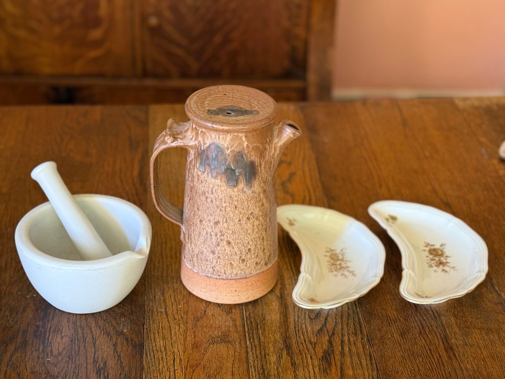 Pottery Pitcher, Mortar & Pestle, German Plates