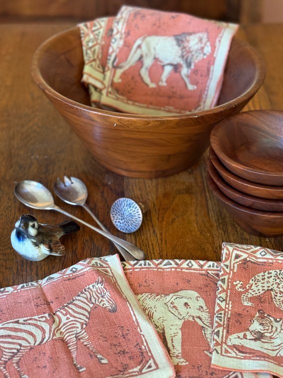 Walnut Salad Bowl Set, Napkins & Goebel Bird