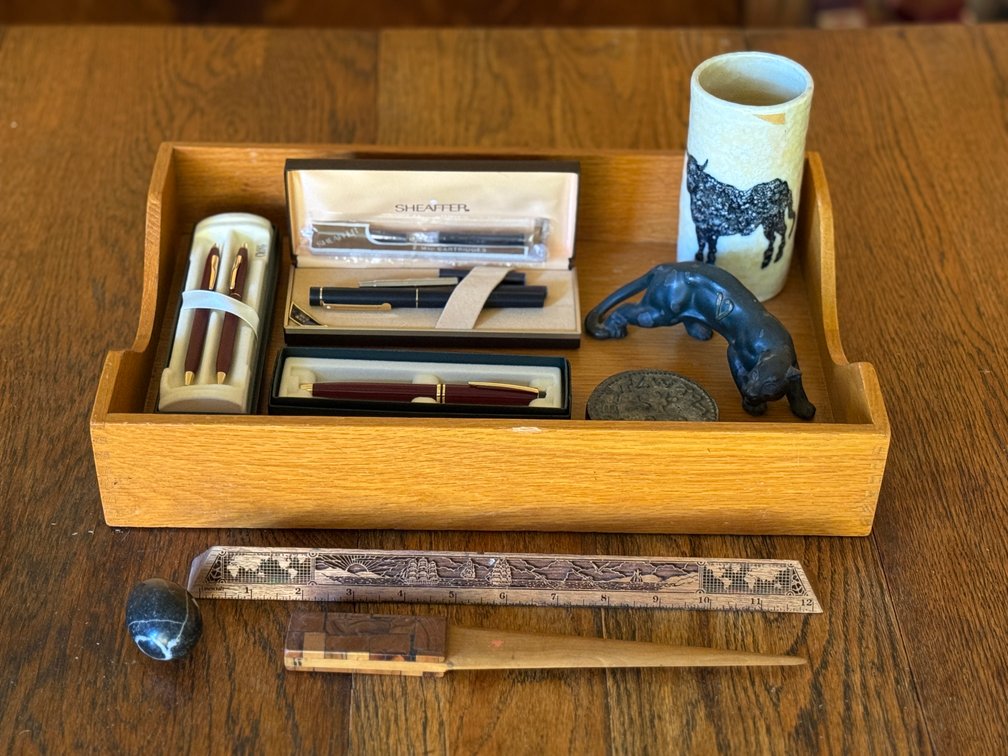 Mid-Century Desk Accessories & Wooden Tray