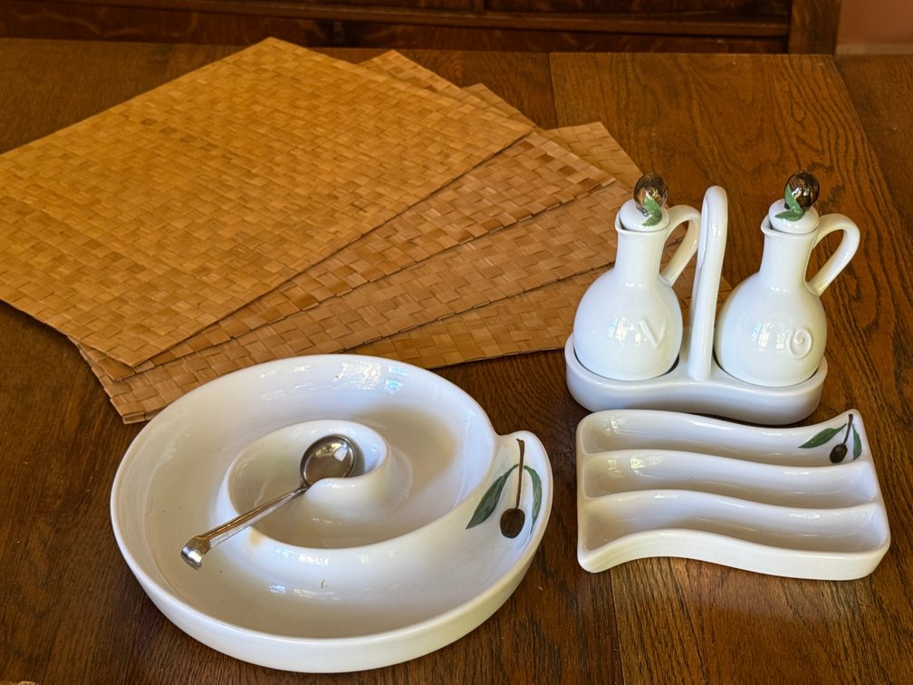 Ceramic Olive Serving Set and Woven Placemats