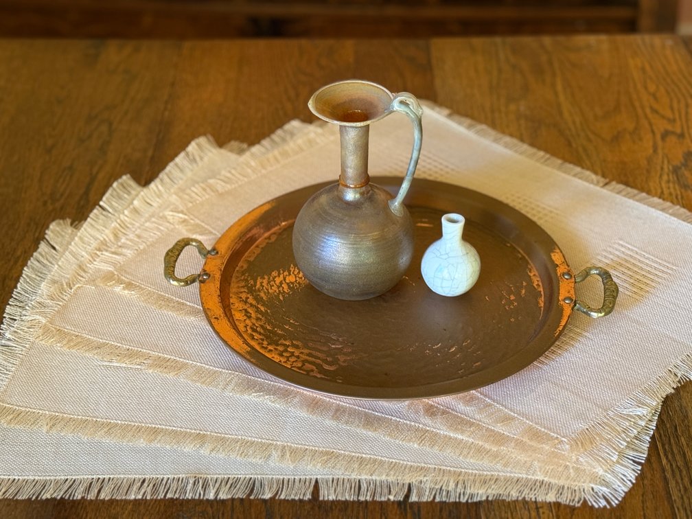 Neker Pitcher, Copper Tray, Vase & Placemats