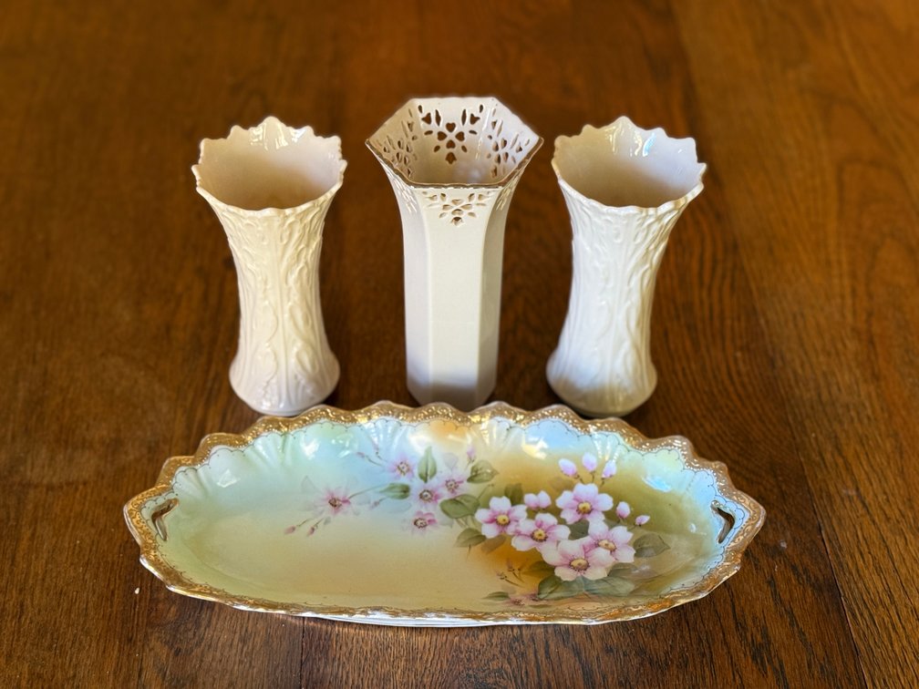 Porcelain Bud Vases and Floral Serving Dish