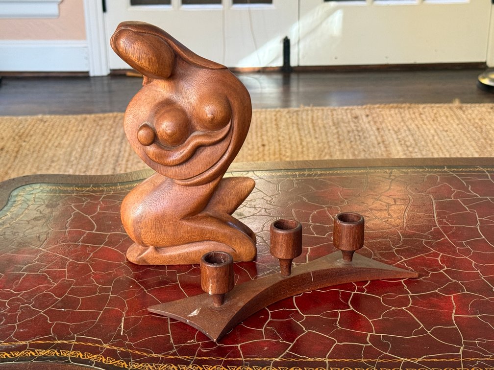 Carved Wood Sculpture & 3-Cup Candle Holder