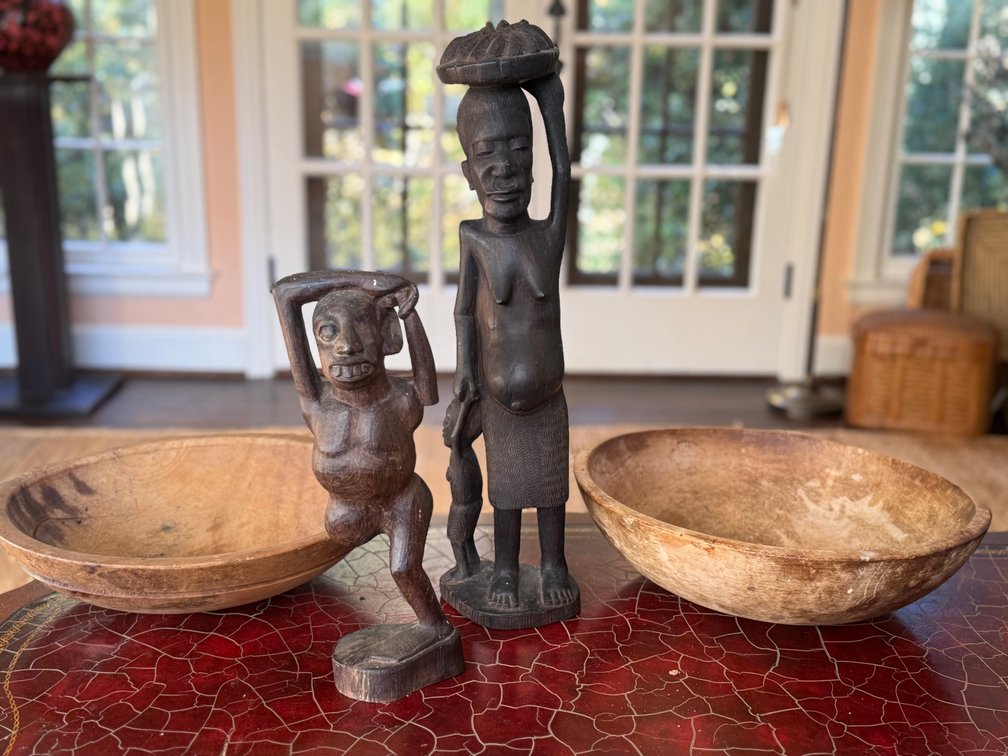 Primitive Carved Wood Statues and Bowls, 4 Pcs