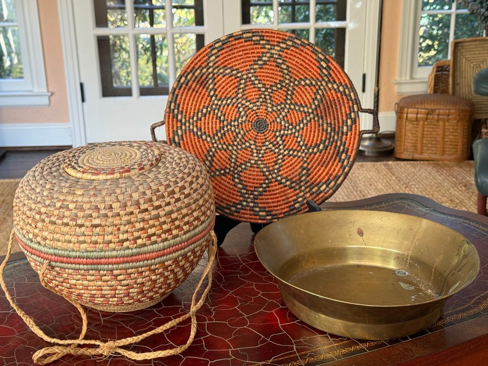 Woven Baskets and Brass Basin, 3 Pieces