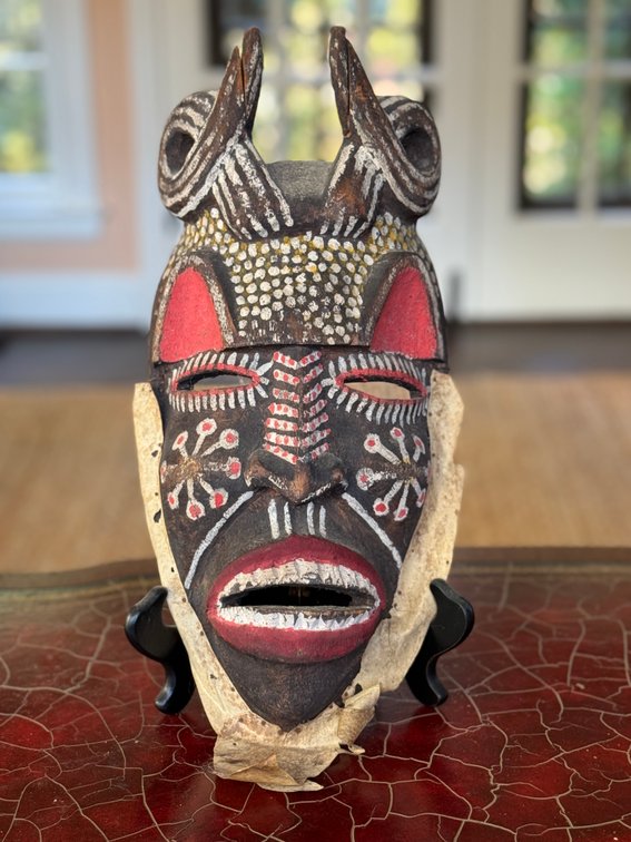 Carved Painted Wood Horned Mask