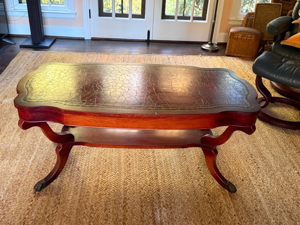 Tooled Faux Leather Top Wood Coffee Table
