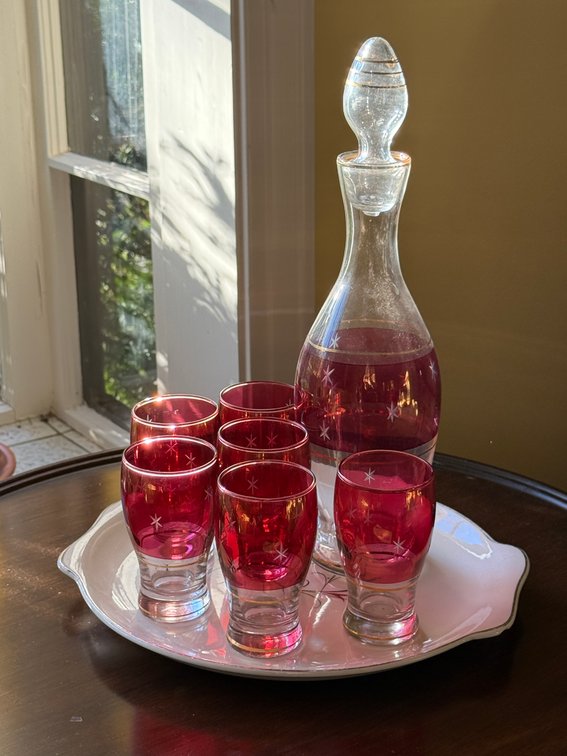 MCM Ruby Flash Decanter Set and Serving Plate