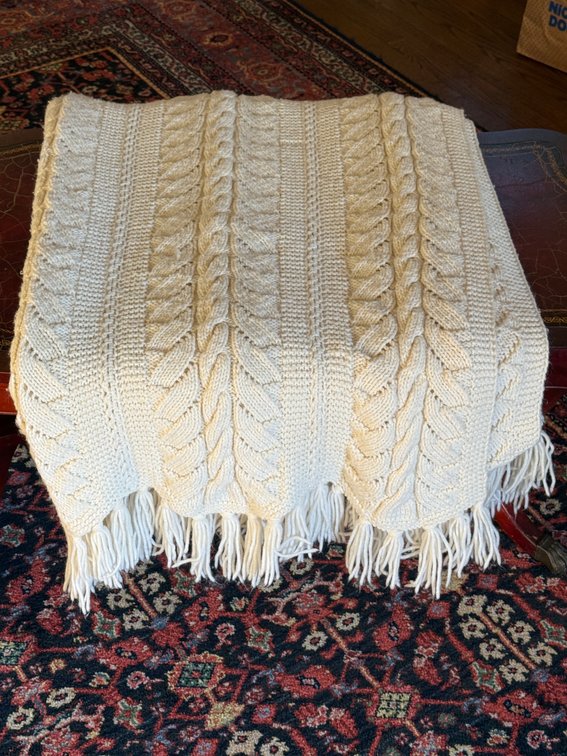 Handmade Cream Cable-Knit Fringe Throw Blanket