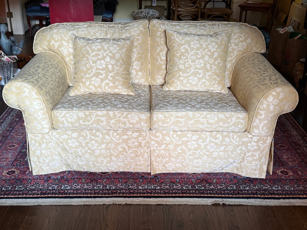 Gold Floral Damask Upholstered Loveseat
