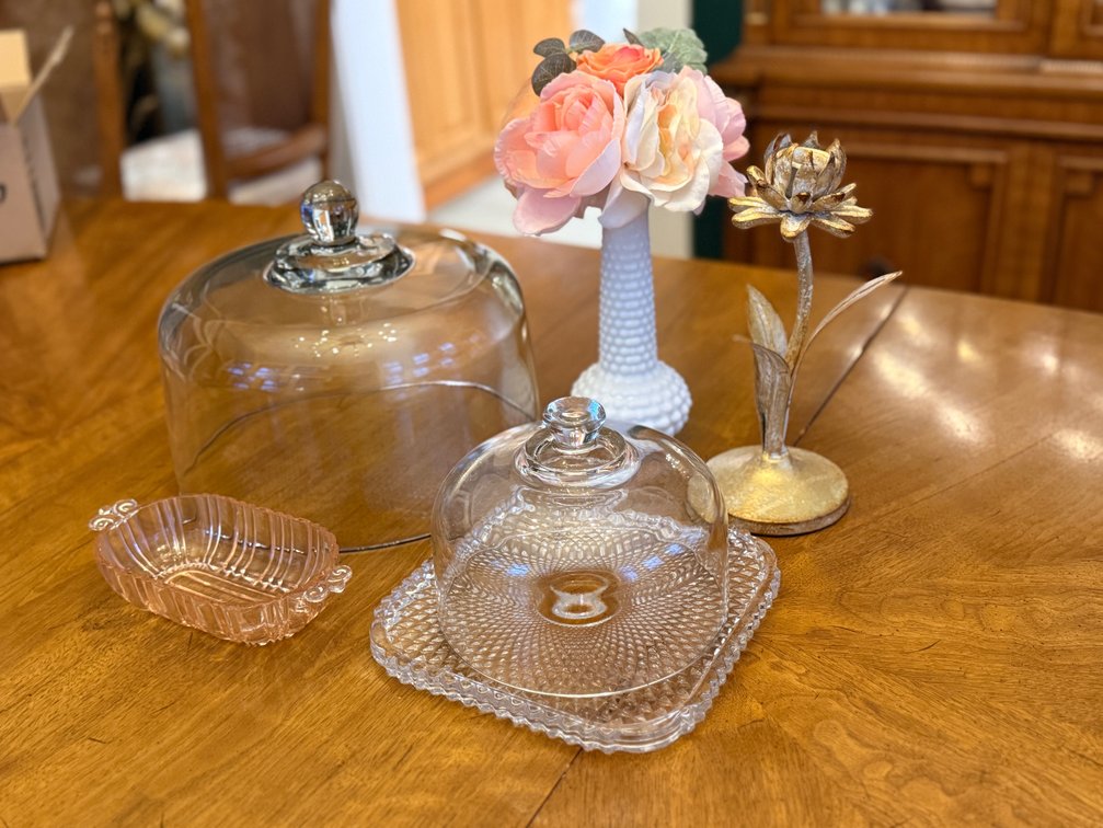 MCM cake domes, tray, bowl, milk glass